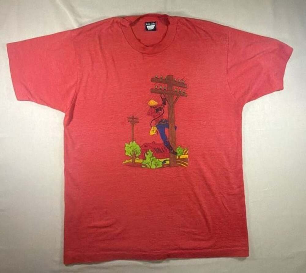 Vintage 80s Screen Stars Best Lineman Electrician Graphic T-Shirt XL Red